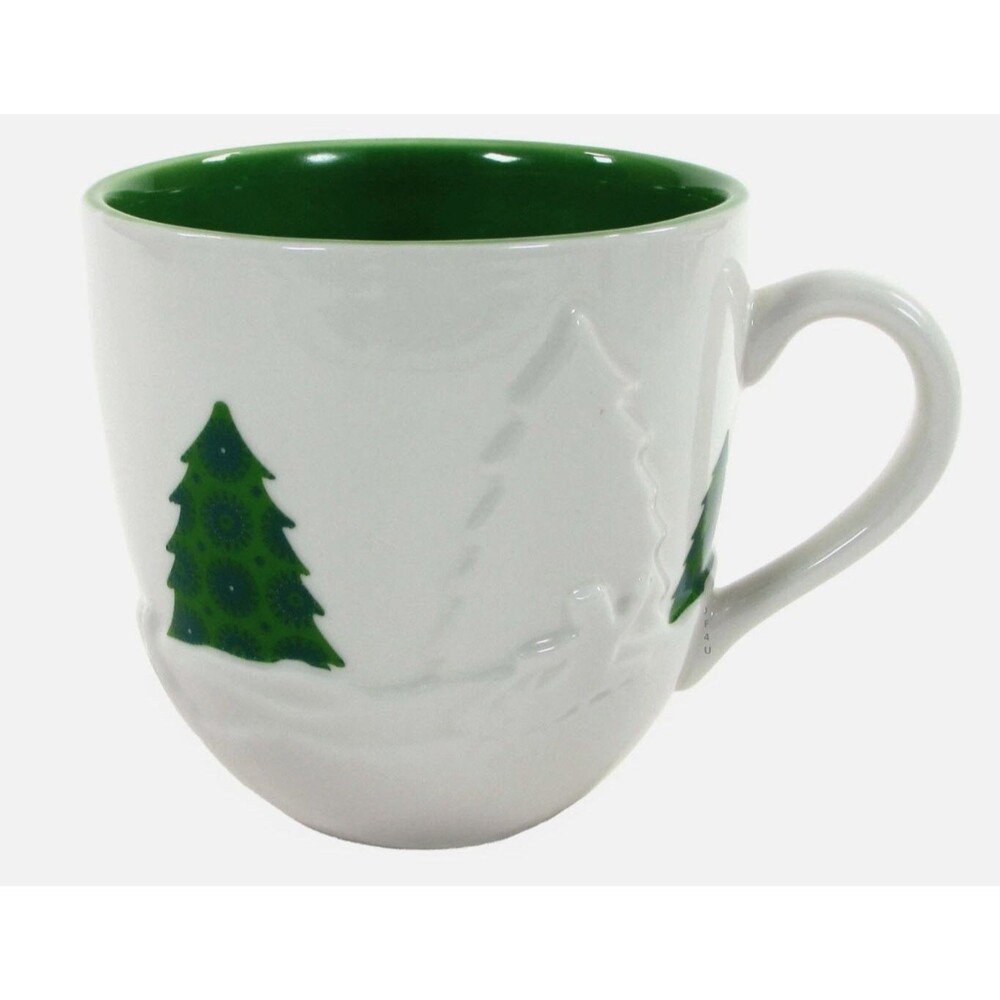 STARBUCKS Christmas Tree Mug Embossed Holiday 2006 Limited White w Bright Green